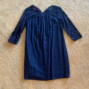 Women’s Navy Blue Dress with Lace Sleeves